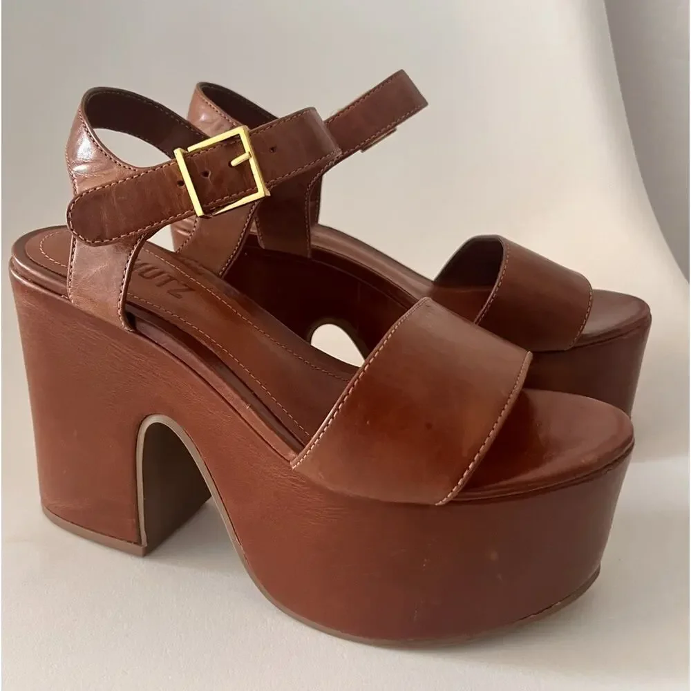 Schutz Tuke Platform Sandals Womens US 5.5 Cognac Brown Leather Chunky Heel NWOB
